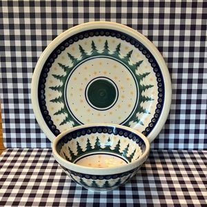 EUC Boleslawiec Polish Pottery dish and bowl set in tree and star motif